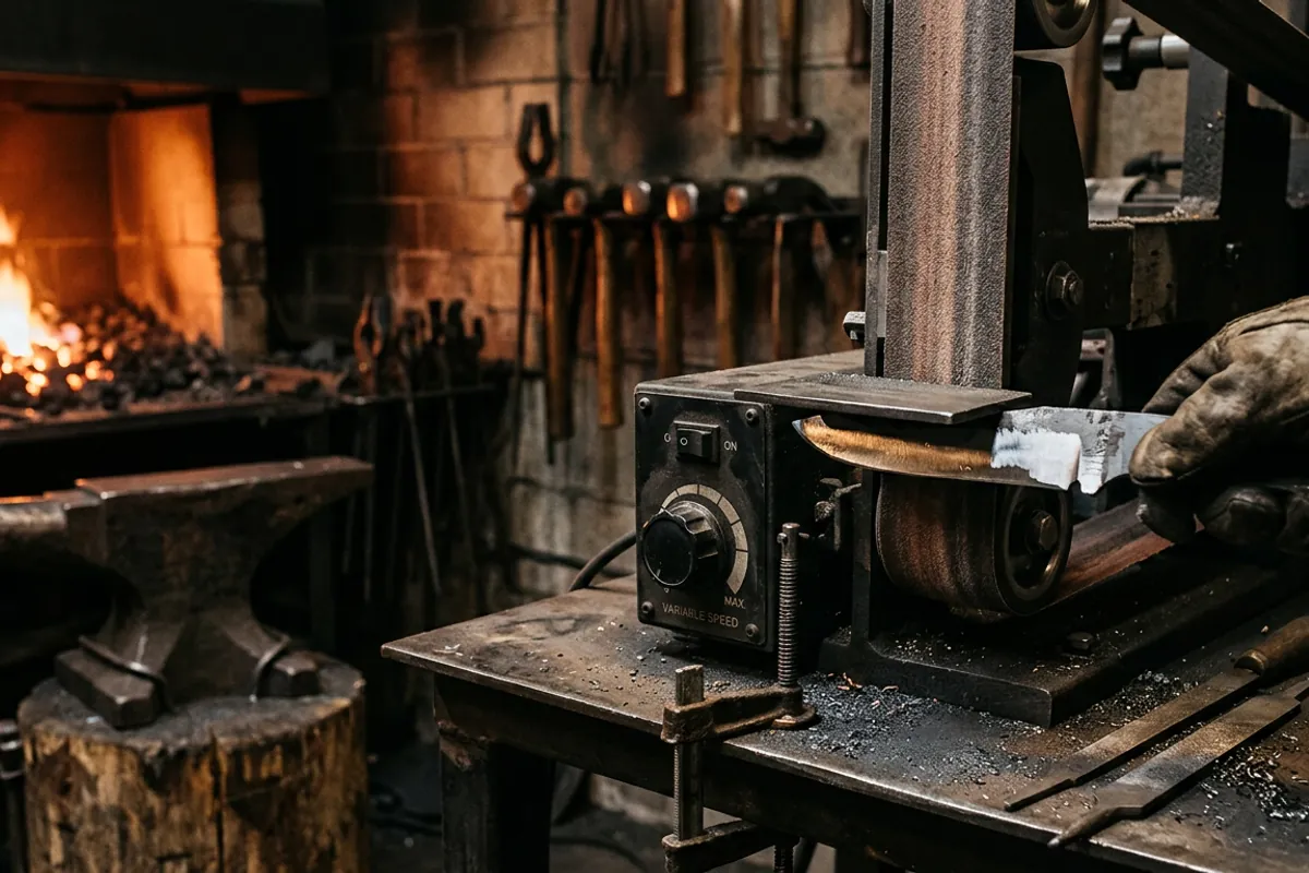 The variable-speed control on a belt grinder for knives with a partly ground blade blank on the bench