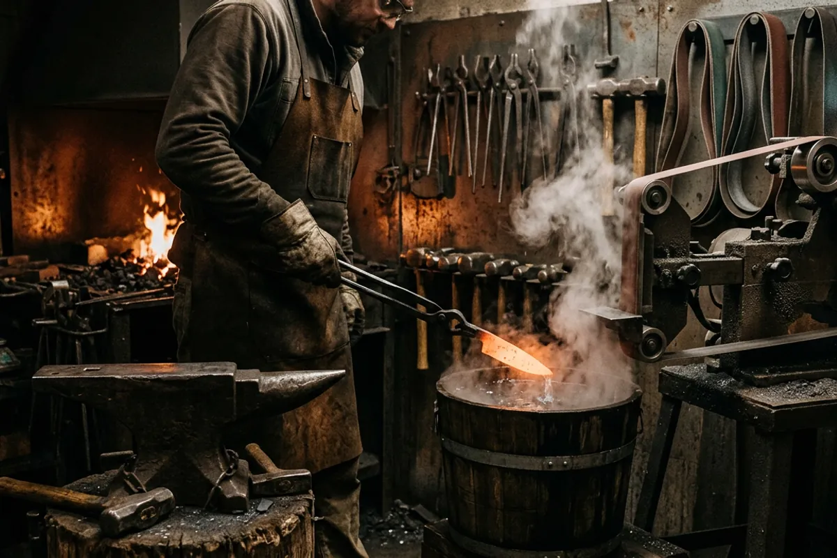 A knife maker cooling a blade in water at the belt grinder for knives to protect the temper