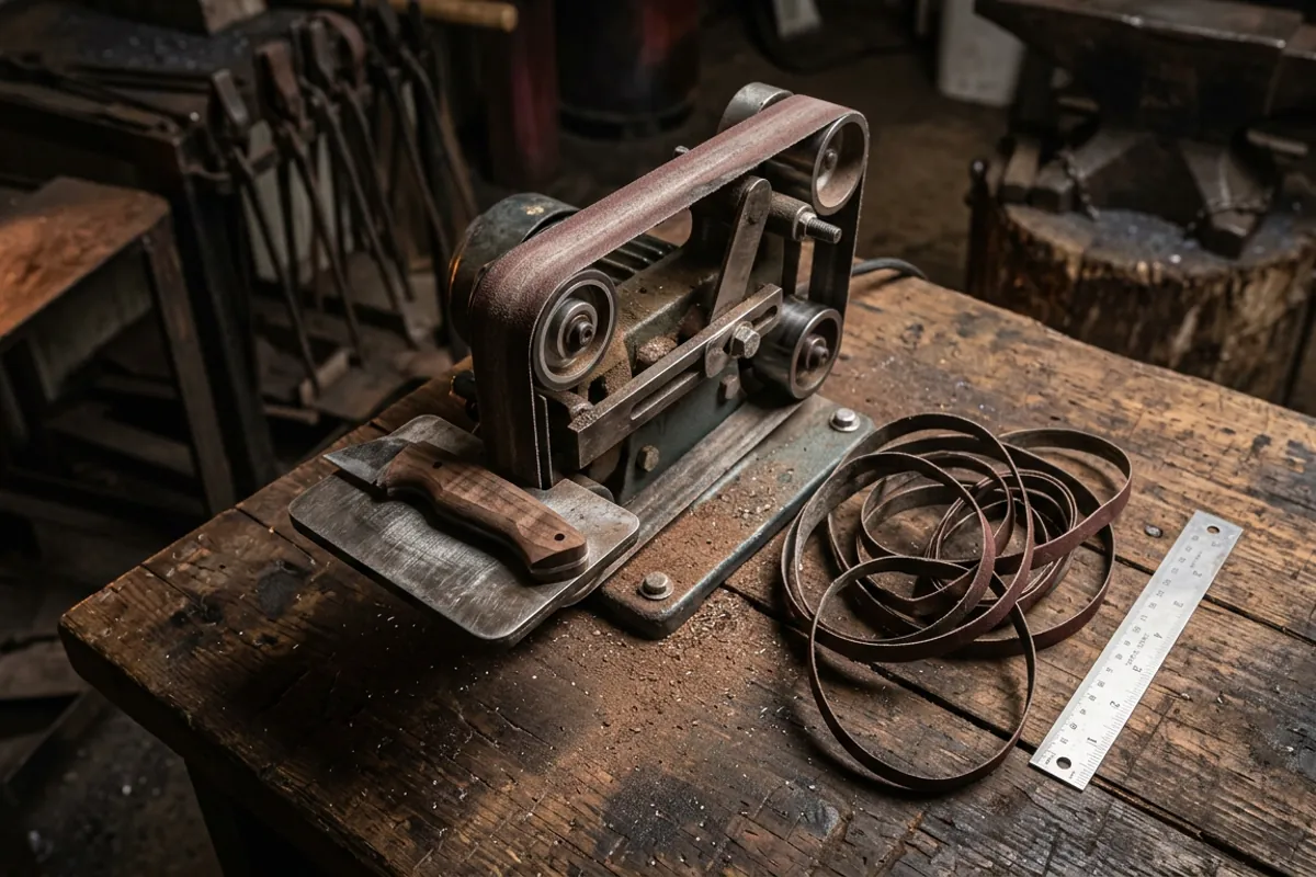 A small one inch benchtop sander used for handle work alongside a larger belt grinder knife making setup