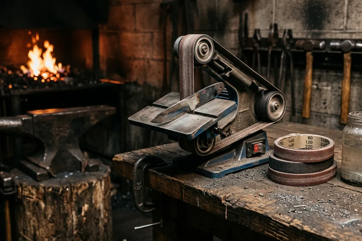 A one by thirty benchtop belt sander for knife making set up on a shop bench with fresh belts