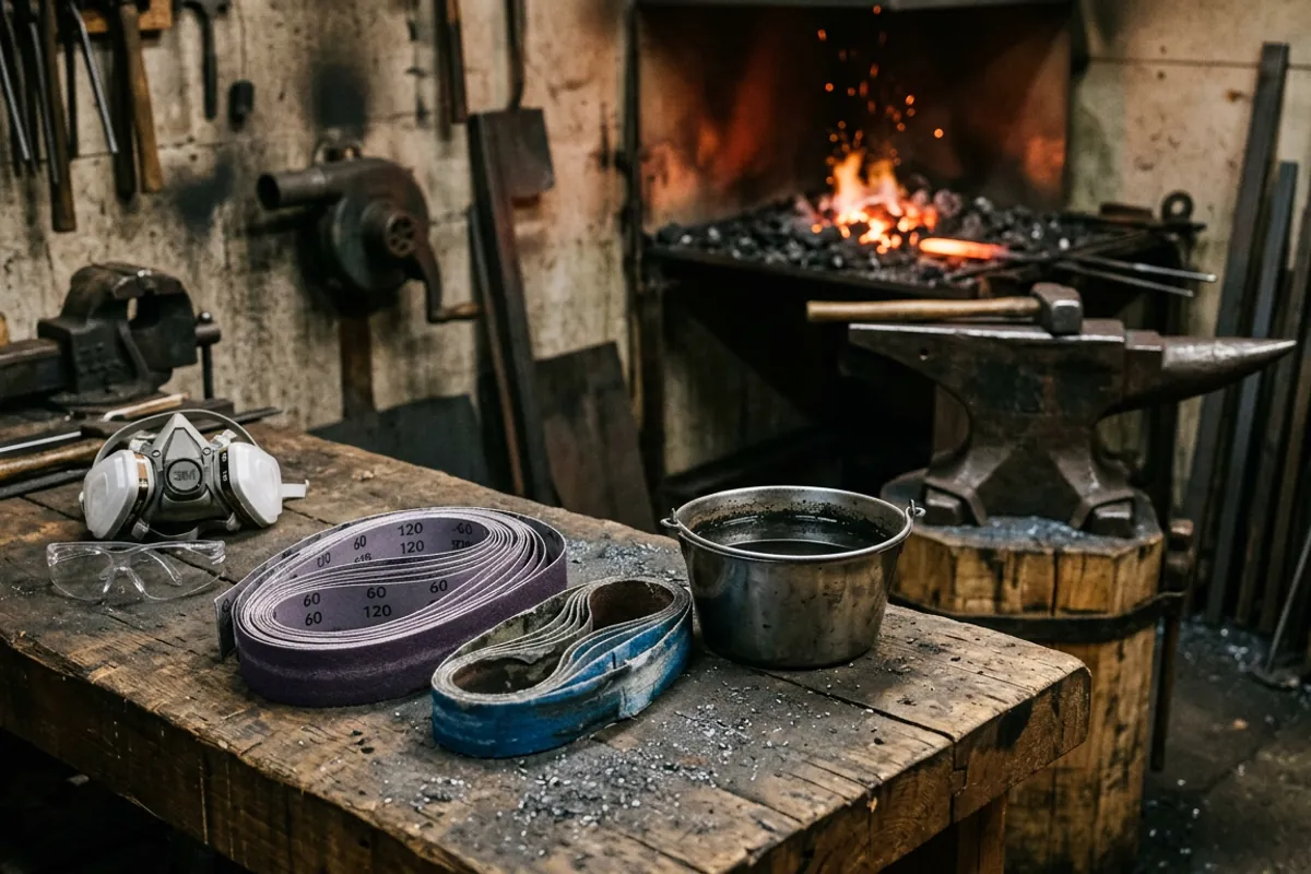 Ceramic belts, water bucket and eye protection laid out beside a belt sander for knife making