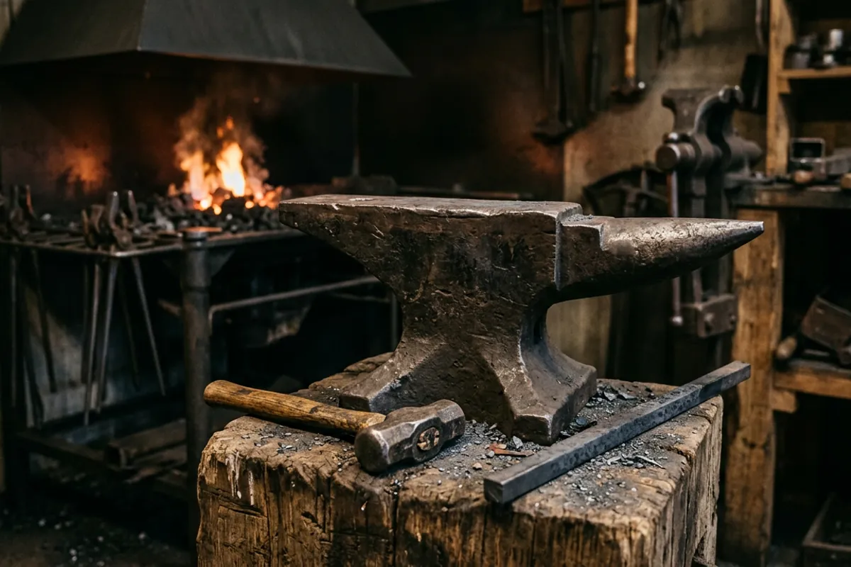 A mid weight 112 pound steel anvil on a stand with a wide face and hardy and pritchel holes, the everyman first anvil pick