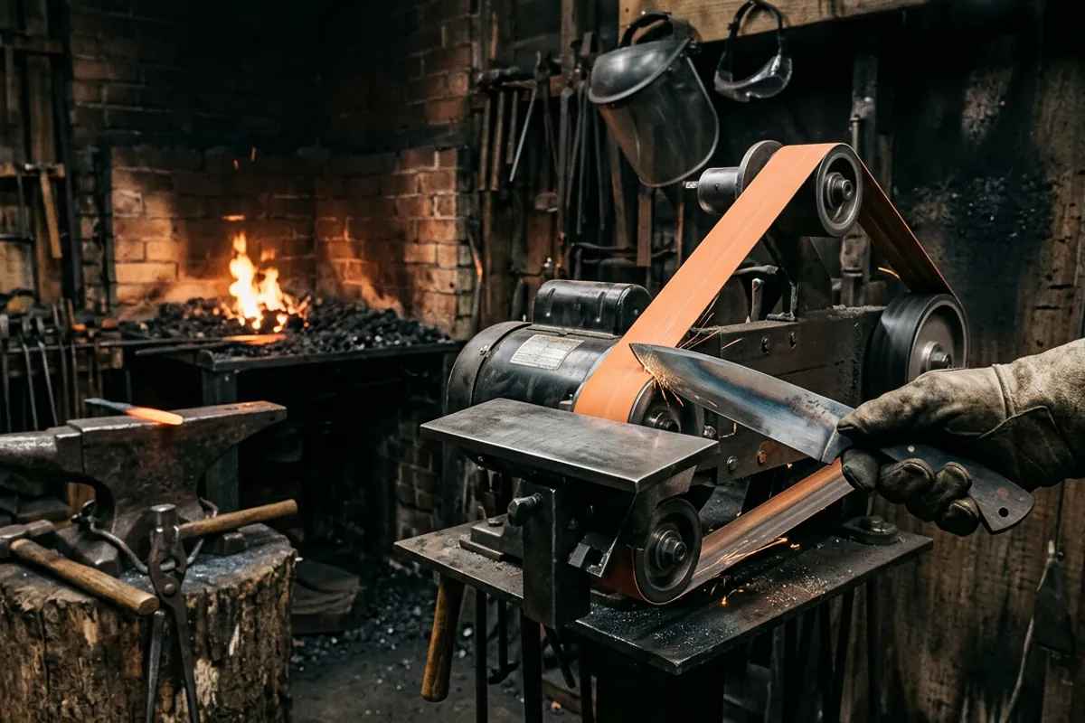 A 2x42 belt sander for knife making with its frame tilted to grind a blade tip