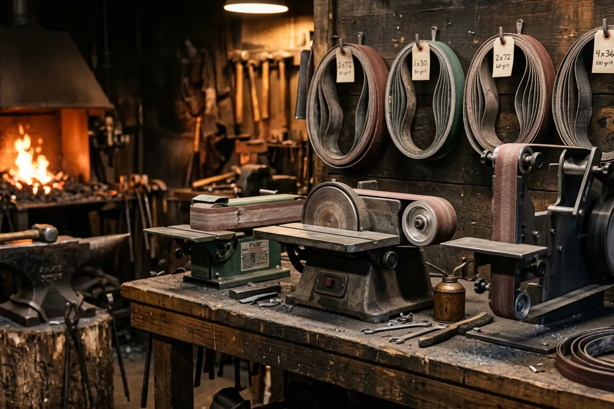 Three belt sander sizes for knife making side by side in a home shop, from a small one by thirty to a two by seventy two.