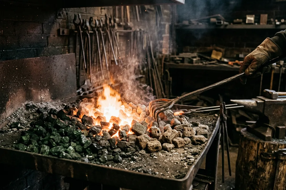 Green bituminous coal coking into gray coke and being raked toward the hot center of a blacksmithing forge fire
