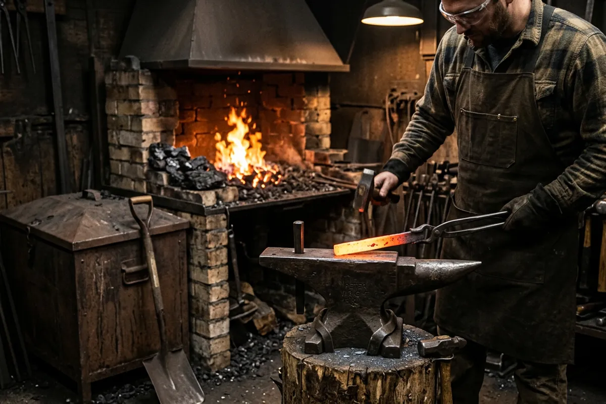 A smith in eye protection using tongs at a bituminous coal blacksmithing forge with a covered coal bin nearby