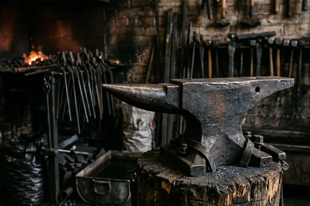 A 66 pound cast steel anvil for a black smith kit, showing its horn, face, hardy hole and pritchel hole