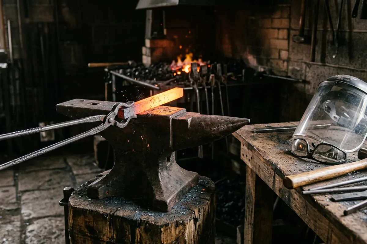 Wolf jaw tongs from a black smith kit holding hot steel with eye protection staged safely nearby