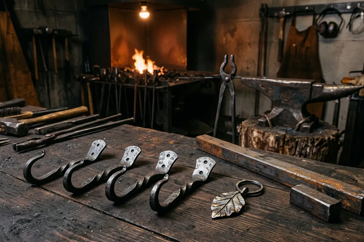 A lineup of beginner black smith projects including wall hooks and a forged leaf on a dark workbench