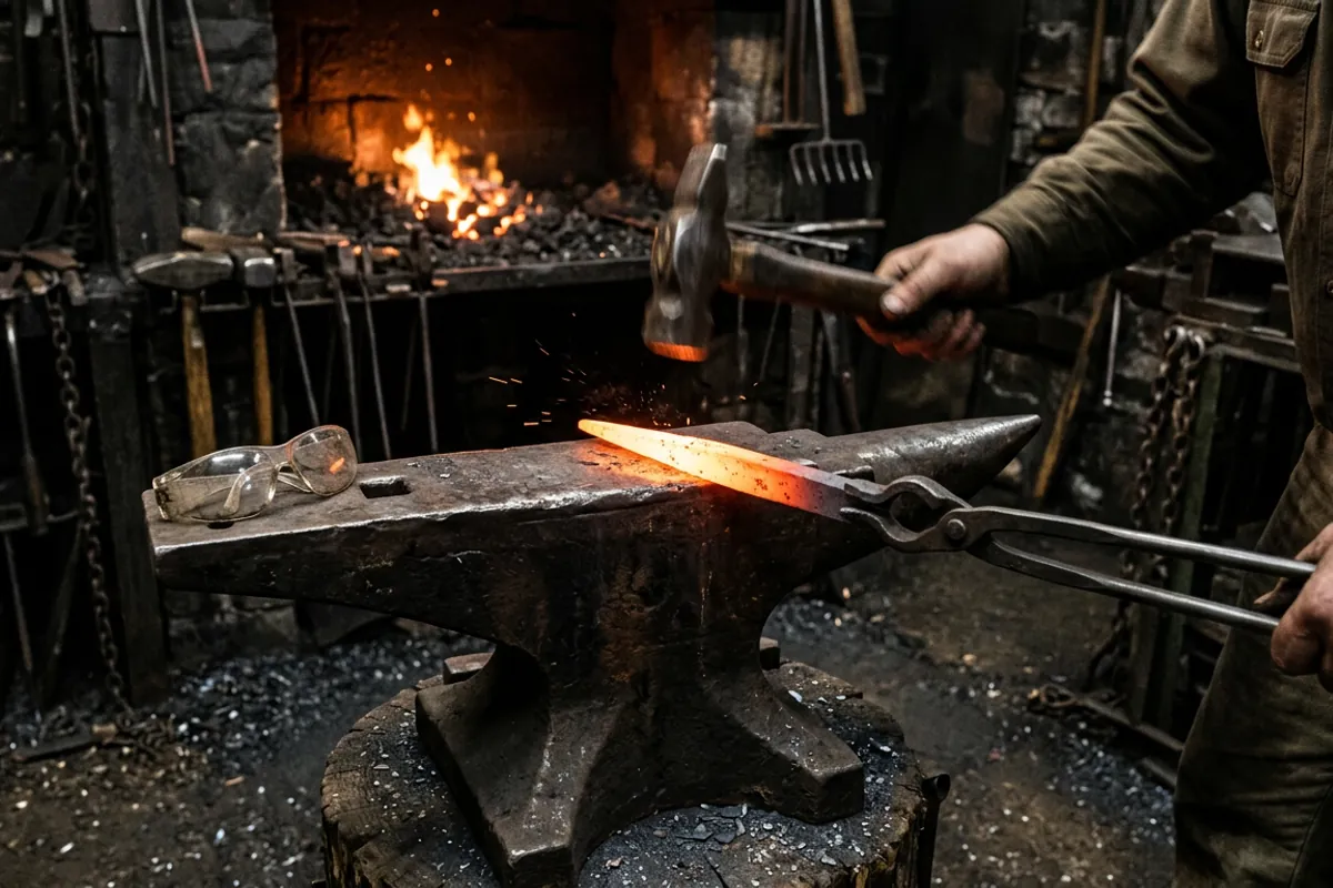 Drawing a taper on hot steel, the core skill behind most black smith projects, with eye protection nearby