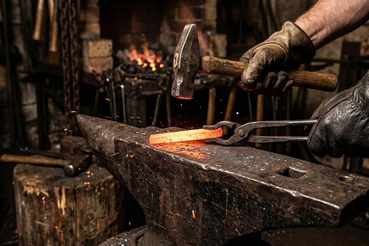 Tongs holding hot steel on the anvil while the cross pein hammer from a black smith starter kit is poised to strike.