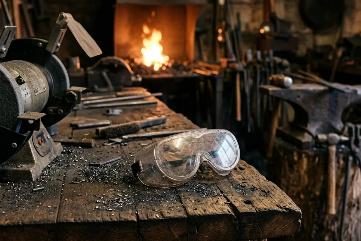 Clear ANSI Z87.1 safety goggles on the bench, the piece of a black smith starter kit I will not let anyone skip.