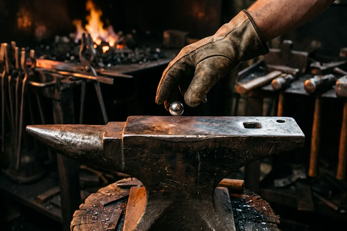 Testing rebound on a blacksmith anvil face with a ball bearing under warm forge light