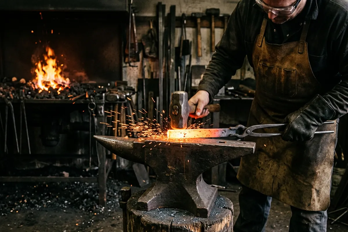 A blacksmith working hot steel on an anvil with tongs and eye protection in a dark home shop
