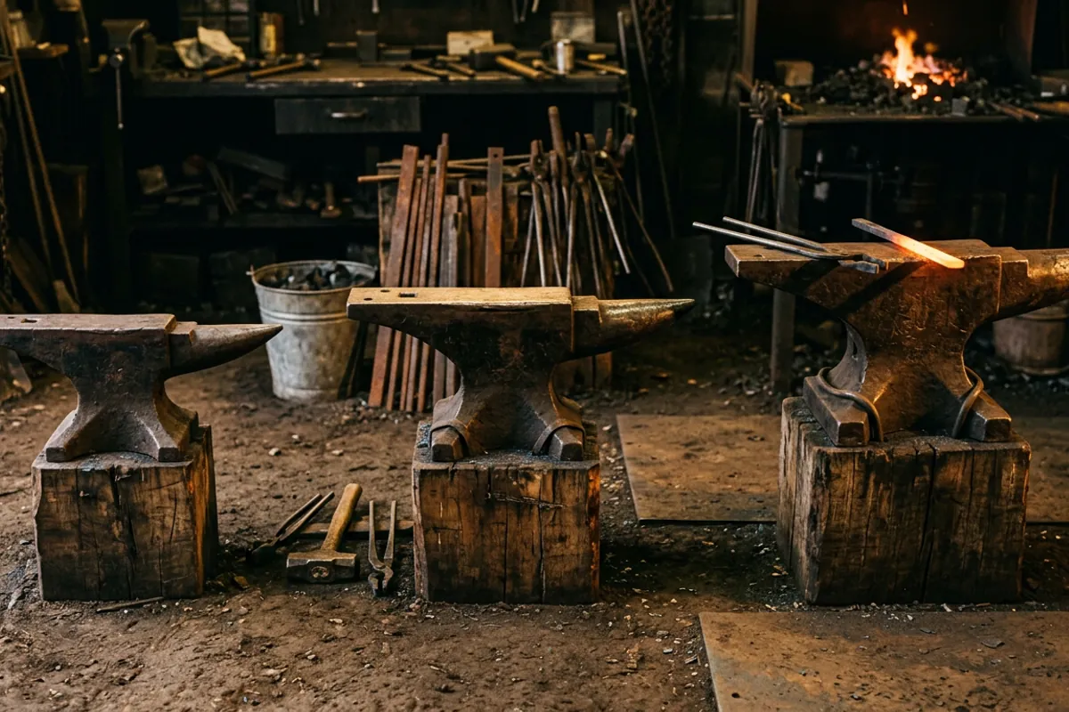 Several sizes of blacksmith anvil for sale lined up on a shop floor under warm forge light