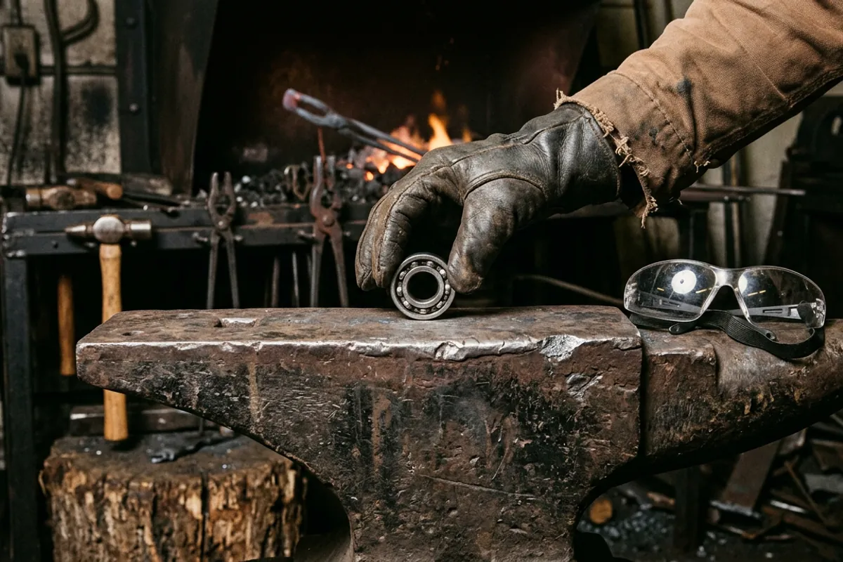 Testing the rebound of a blacksmith anvil for sale with a steel ball bearing before buying it