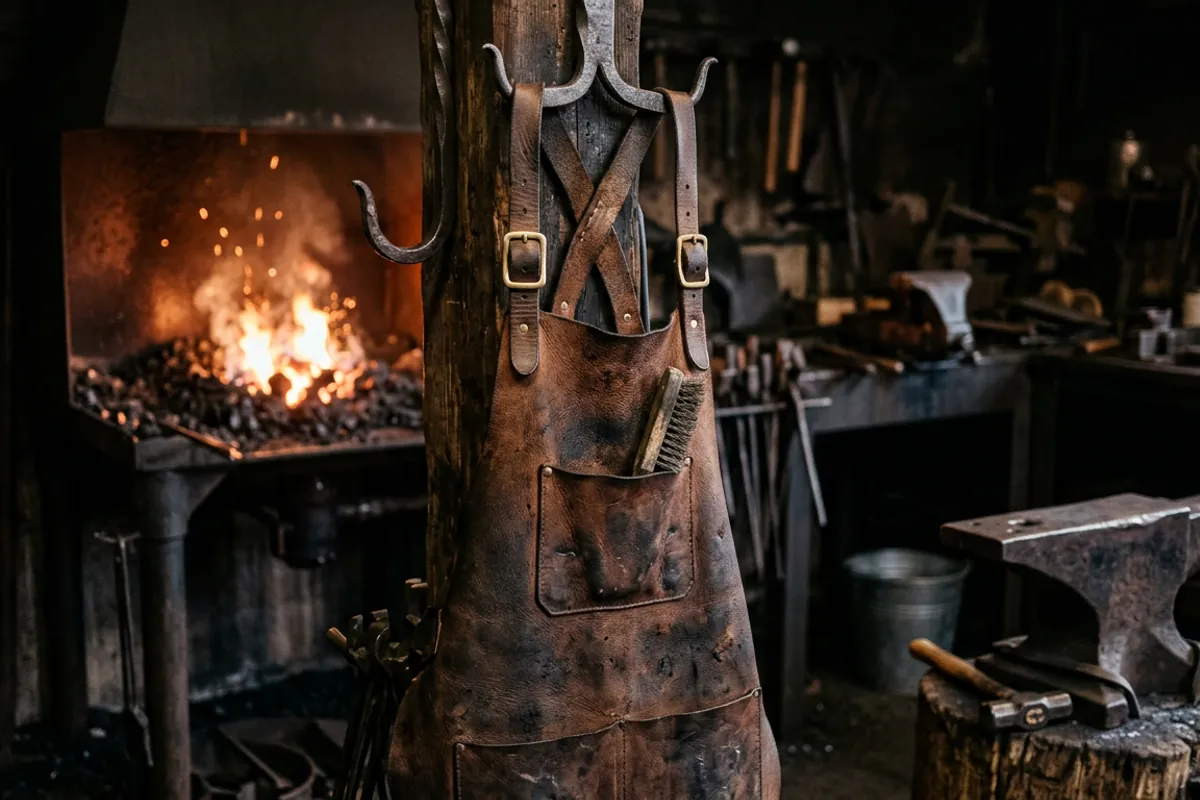 A leather blacksmith apron with tool pocket hanging beside a coal forge