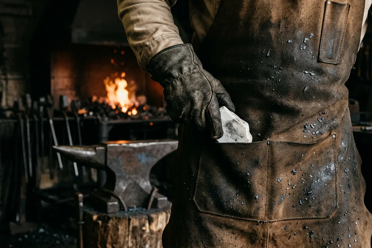 Detail of a pocketed blacksmith apron over a cotton sleeve in a dim forge