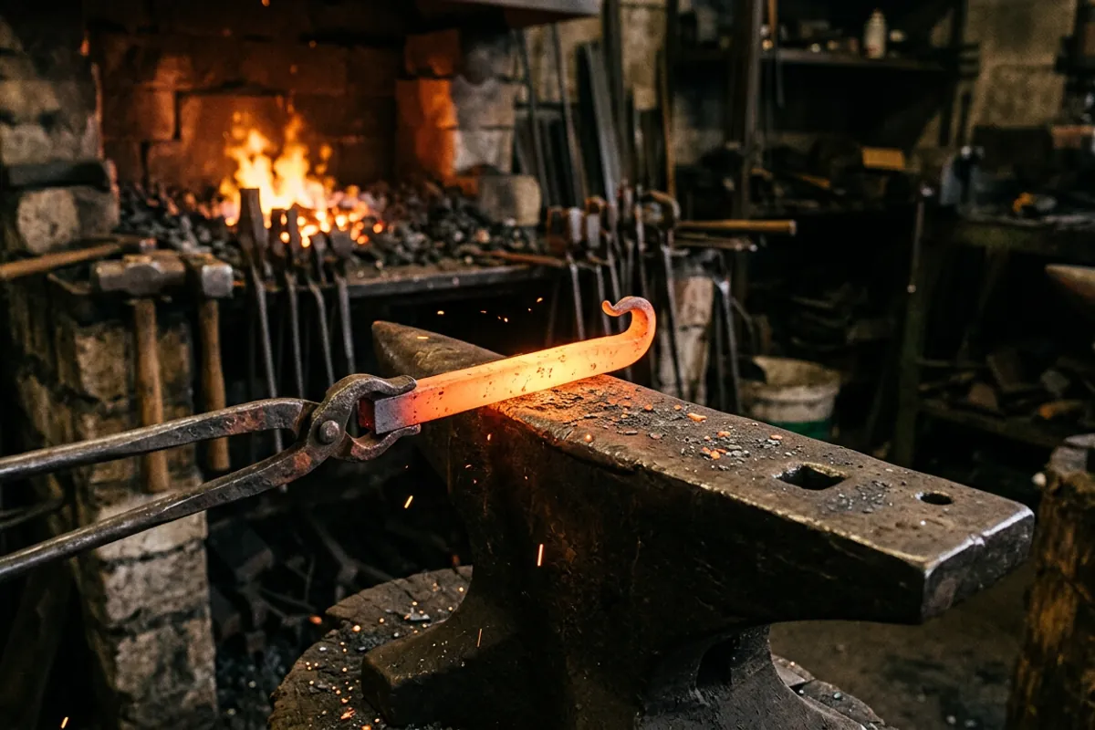 Tongs holding hot steel on the anvil horn while forging the hooked lip of a blacksmith bottle opener.