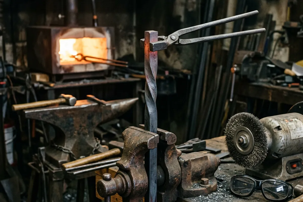 A square bar clamped in a vise being twisted into the handle of a blacksmith bottle opener.