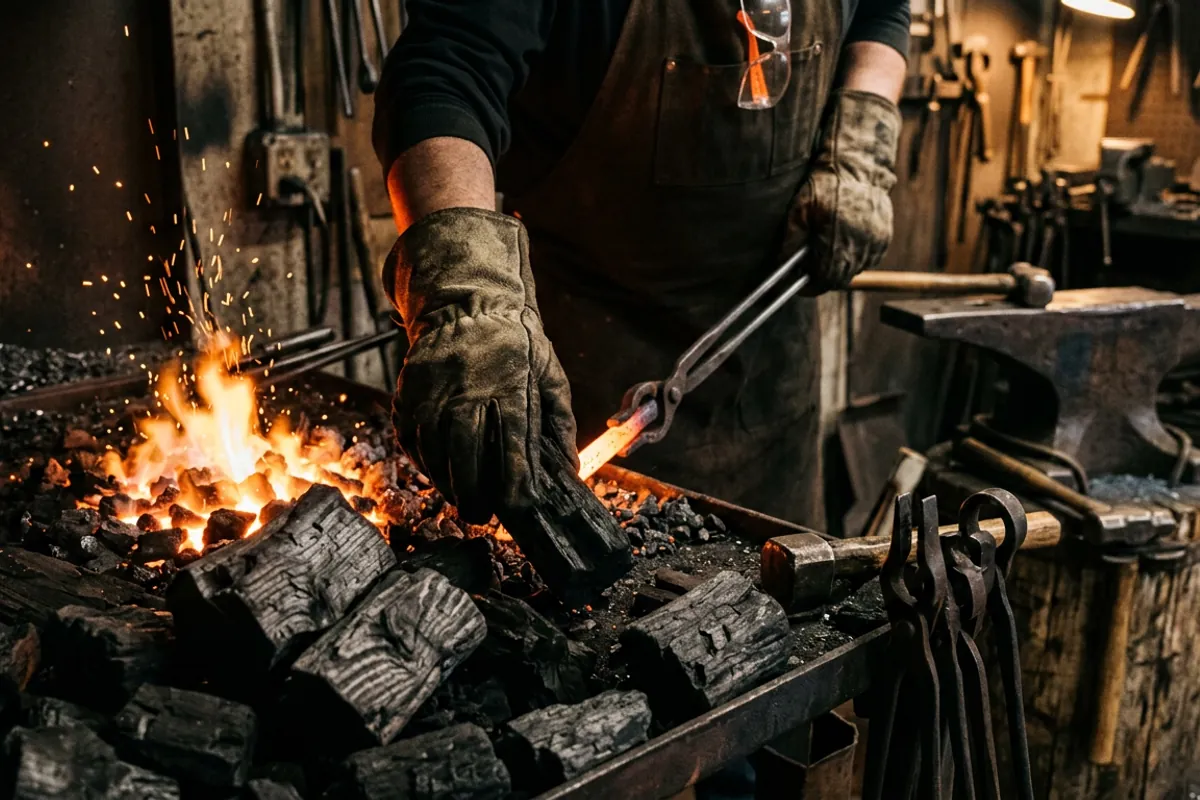 A smith feeding hardwood lump blacksmith charcoal onto a glowing forge fire