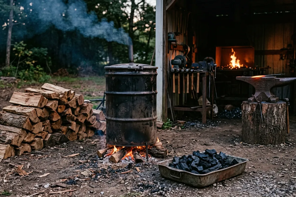 A homemade barrel retort making blacksmith charcoal from hardwood over a low fire
