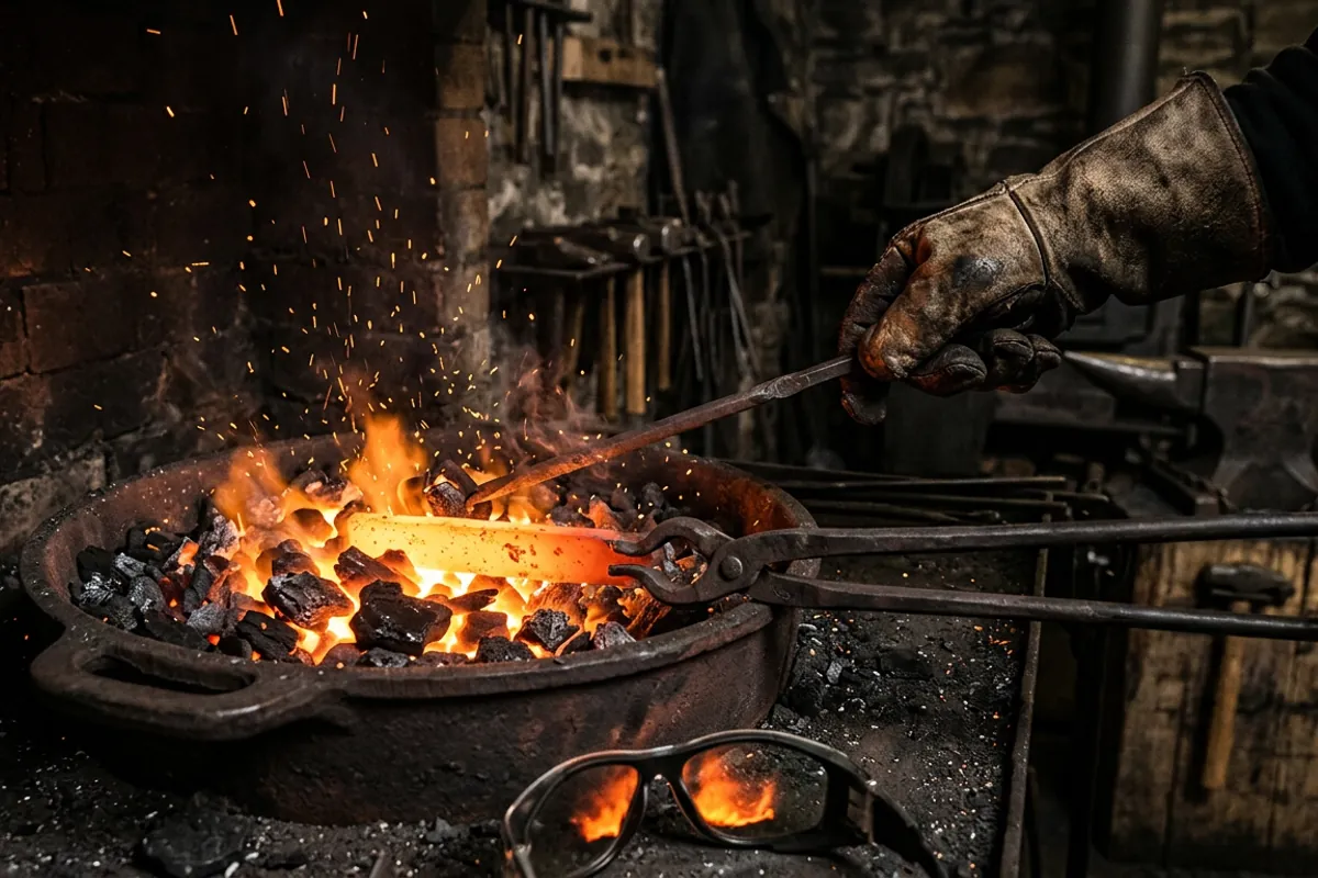 A smith banking charcoal around hot steel held in tongs in a blacksmith charcoal forge