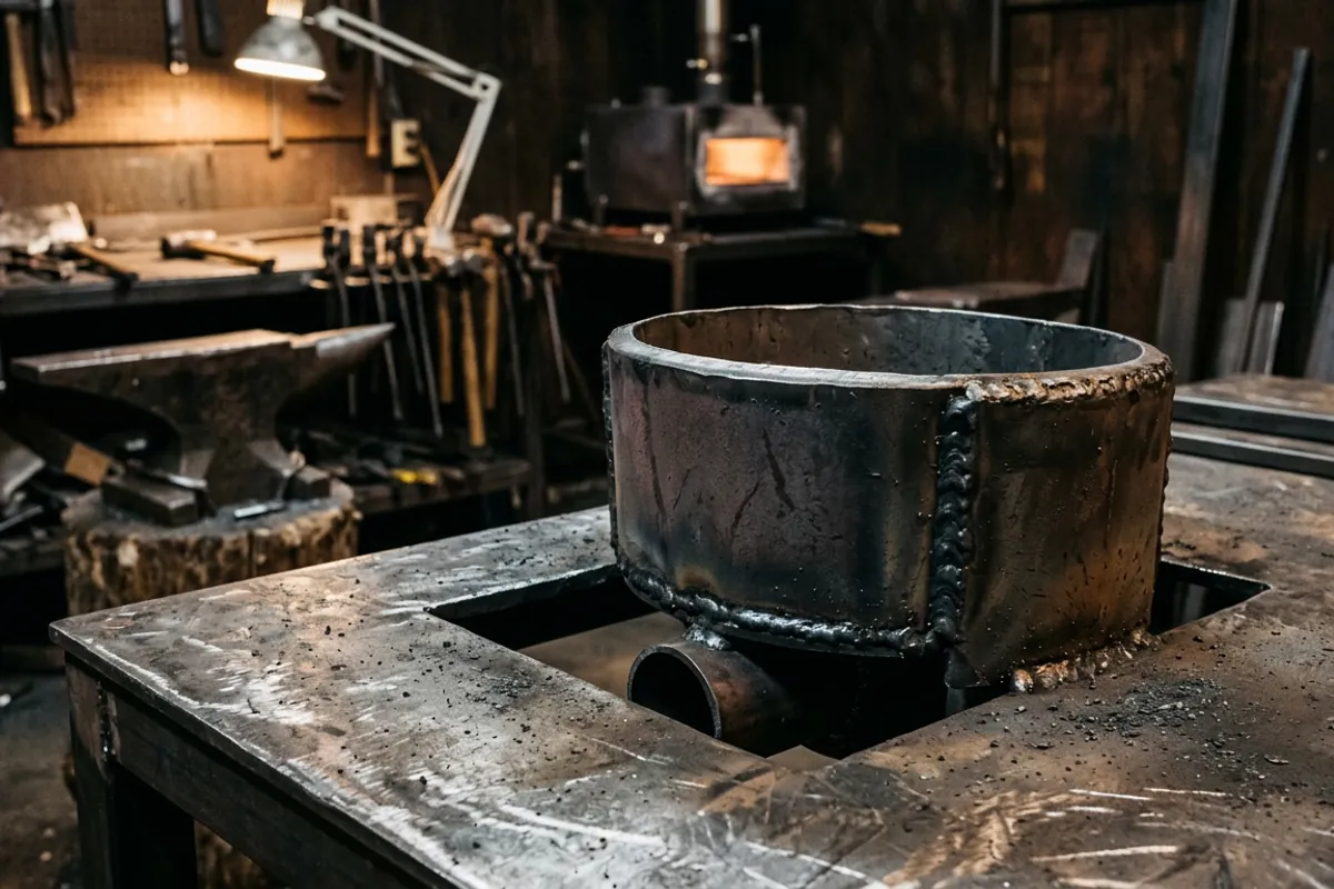 A welded steel firepot set into a fabricated table forms the core of a blacksmith charcoal forge