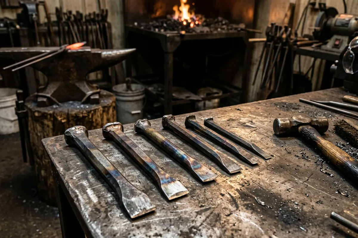 A set of cold blacksmith chisel tools laid out on a shop bench