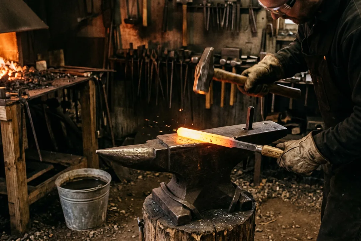 A handled hot cut blacksmith chisel being struck through hot steel on an anvil