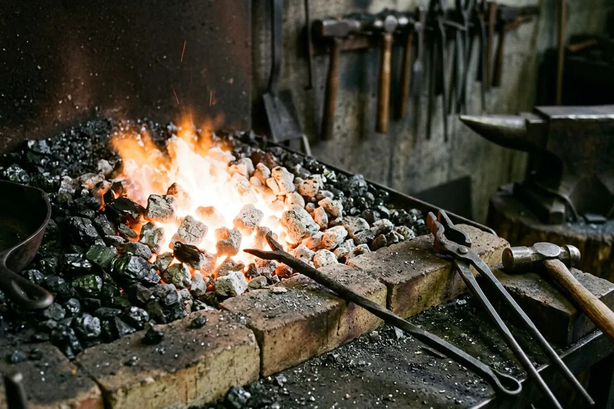 Blacksmith coal coking into gray coke at the heart of a forge fire