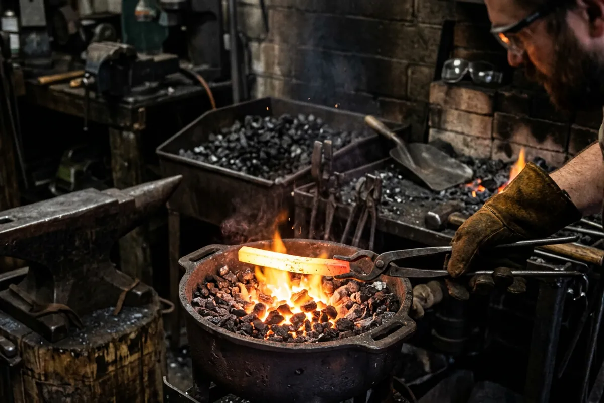 A smith works hot steel over a blacksmith coal fire with tongs and eye protection