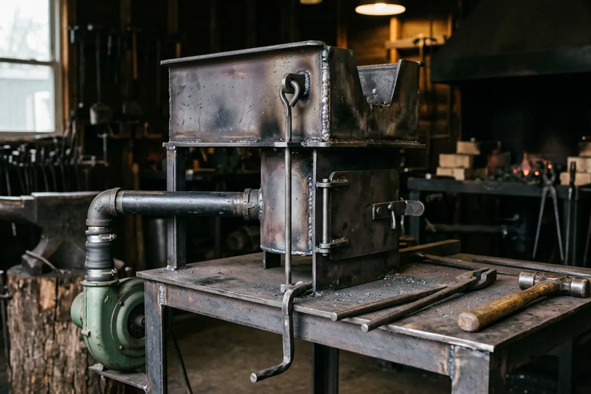 The welded firepot and clinker breaker of a blacksmith coal forge shown unlit on a steel table