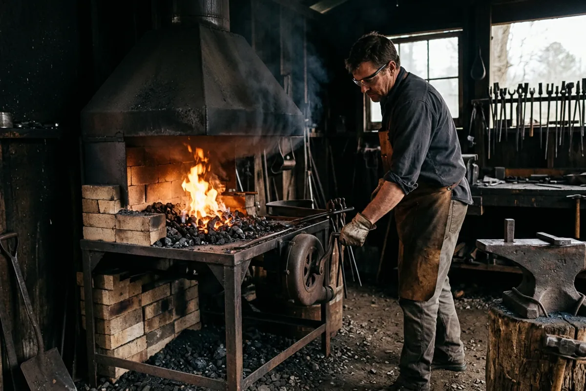 A smith working a blacksmith coal forge outdoors under a ventilation hood with eye protection