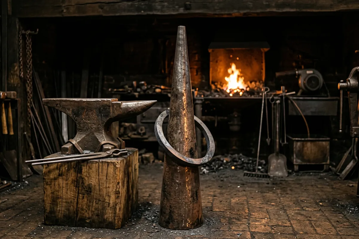 A traditional freestanding blacksmith cone floor mandrel next to an anvil in a dark home smithy