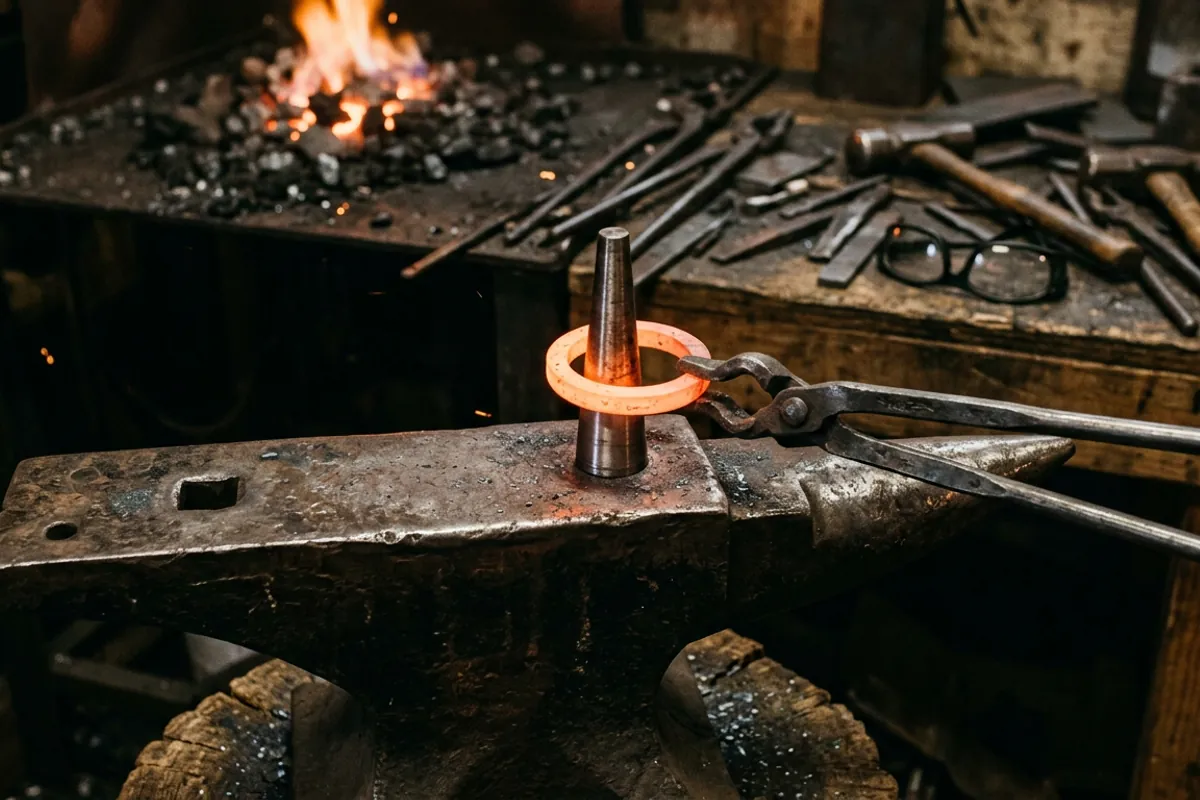 A hardy-hole blacksmith cone mandrel seated in an anvil truing a hot ring