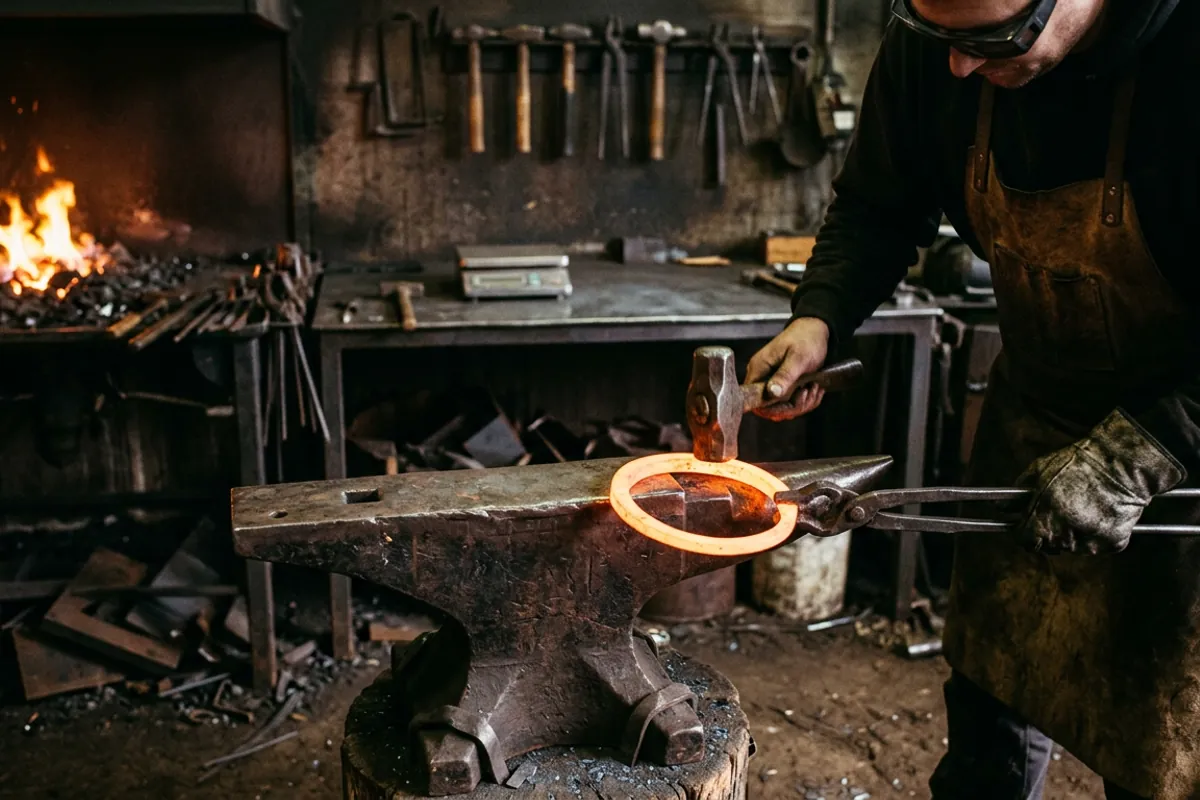 A smith bending stock on an anvil horn as an alternative to a blacksmith cone mandrel