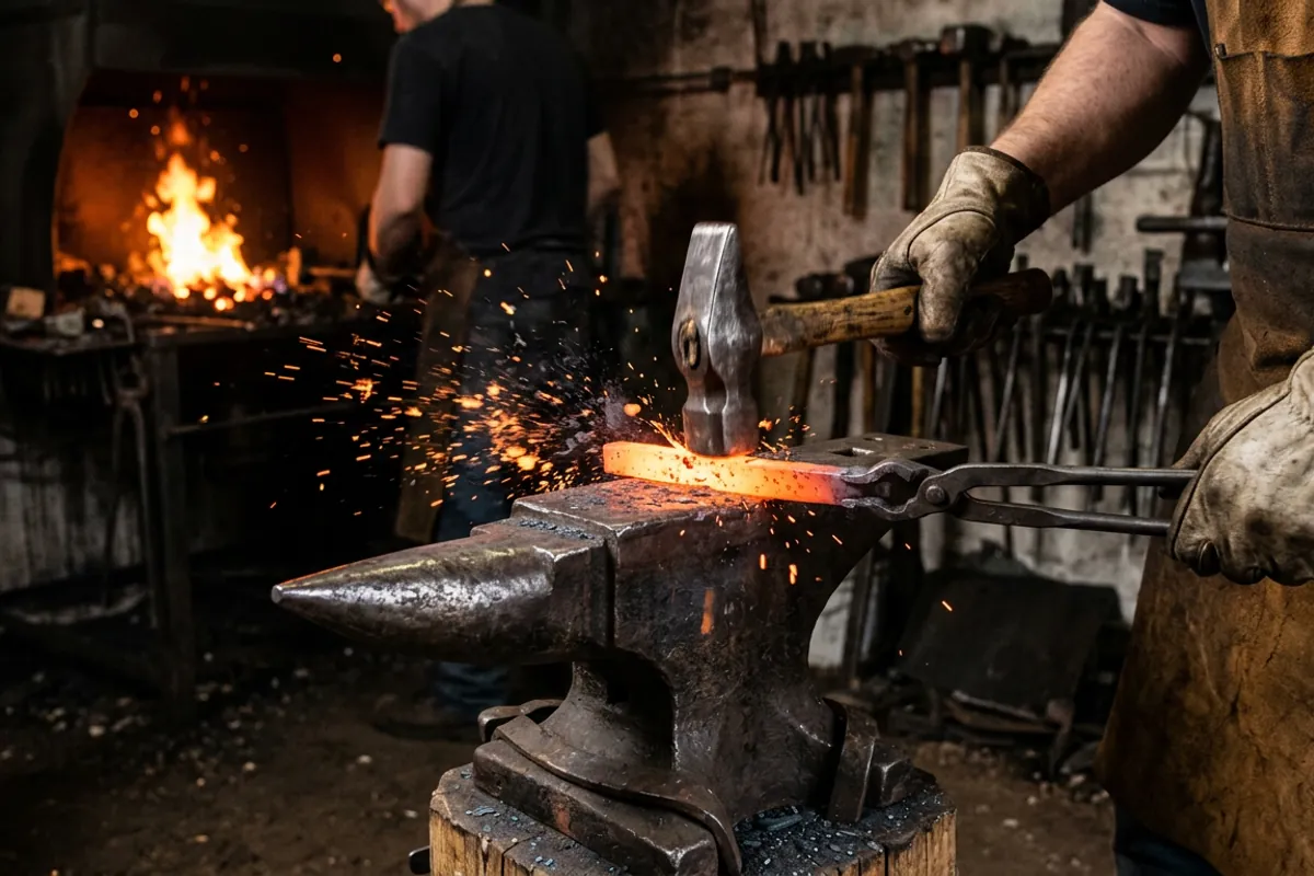 A smith drawing hot steel wider with the wedge end of a blacksmith cross pein hammer while tongs hold the bar