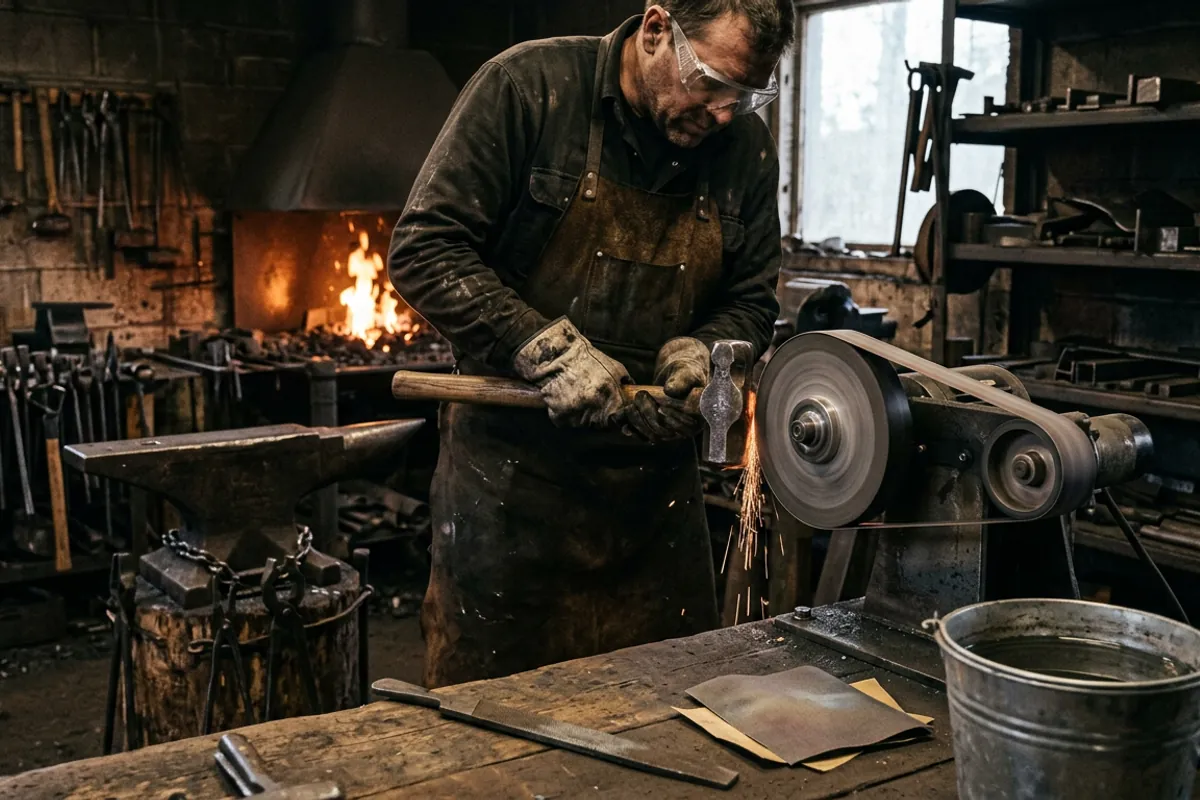 Dressing the face of a blacksmith cross pein hammer at a belt grinder while wearing eye protection