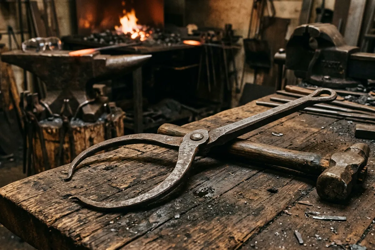 An antique forged blacksmith double caliper with two gauge ends resting on a shop bench