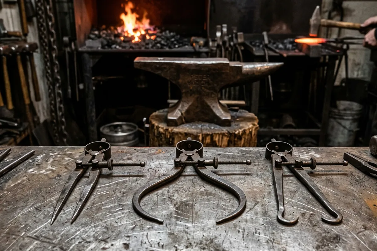 A three piece spring caliper set used in place of blacksmith double calipers laid out near the anvil