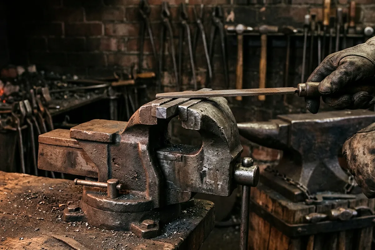 An all-steel blacksmith filing vise gripping a bar while a handled file dresses the edge