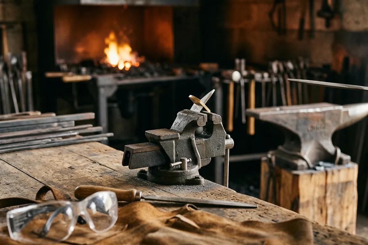 A small tilting filing vise holding a knife guard at an angle for detail filing in a home smithy