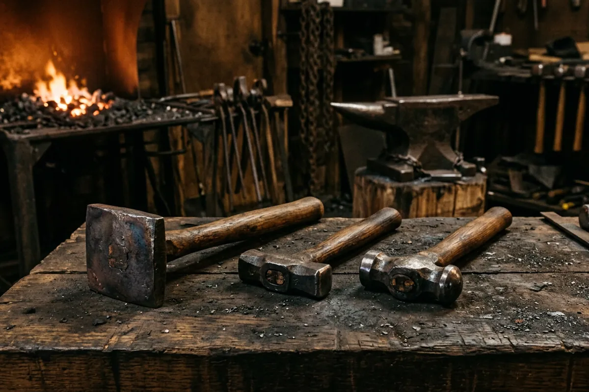 A blacksmith flatter beside a set hammer and a fuller on a shop bench for comparison