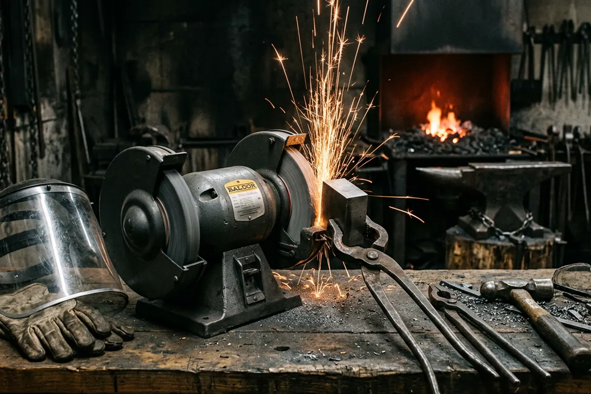 Dressing the face of a blacksmith flatter on a bench grinder with eye protection at hand