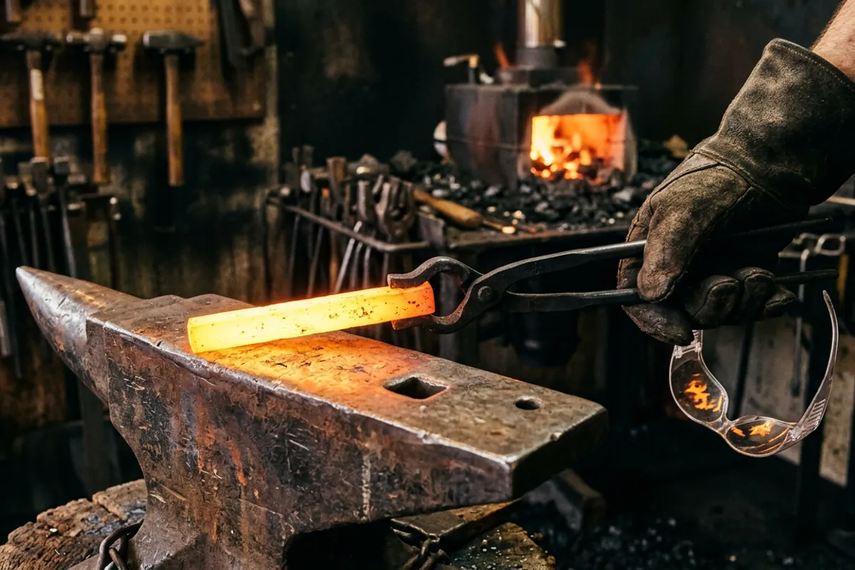 A smith uses tongs to pull hot steel from a blacksmith forge while wearing eye protection