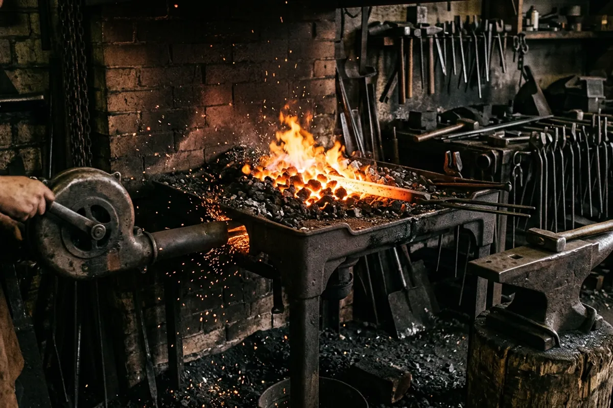 A coal blacksmith forge with a deep fire and a steel bar buried in glowing coke for a weld heat