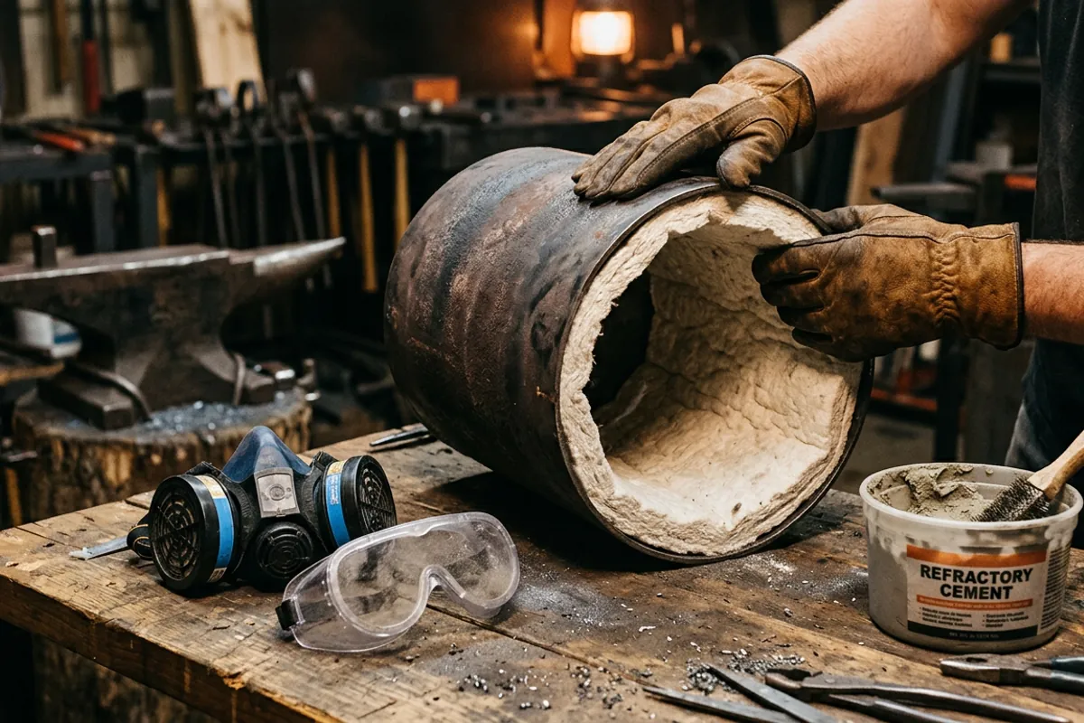 Gloved hands lining a diy blacksmith forge shell with ceramic fiber blanket beside a respirator and refractory