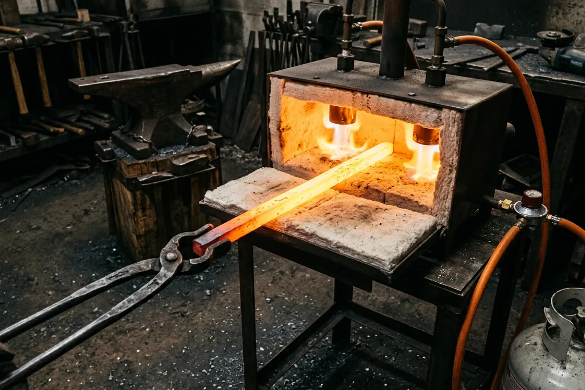 A double-burner propane blacksmith forge for sale at heat with a long steel bar glowing inside the chamber