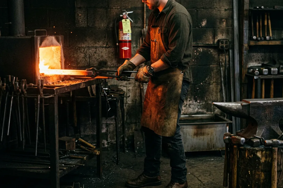 Safe practice at a blacksmith forge for sale, with eye protection, leather apron and tongs holding hot steel